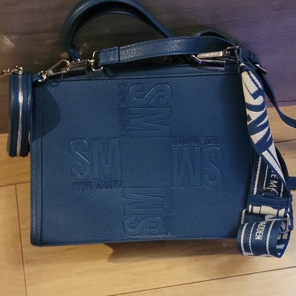 Steve Madden Blue Satchel with Gold Hardware and Detachable Strap - Picture 3 of 3